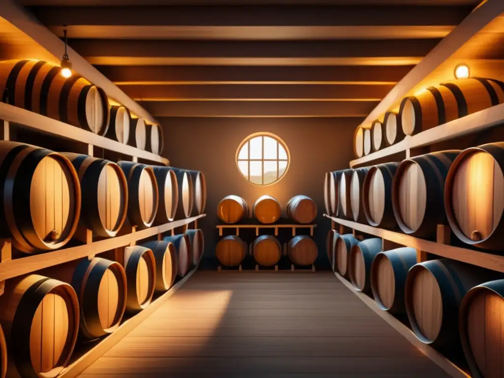 Bodega de vino minimalista con barriles de madera, iluminada con suaves luces cálidas