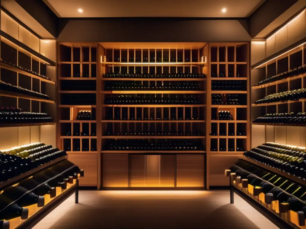 Sofisticada bodega de vinos con ambiente cálido Bodega de vinos con ambiente sofisticado y sereno, iluminación suave, mesa de cata y maridaje de vinos en talleres nocturnos
