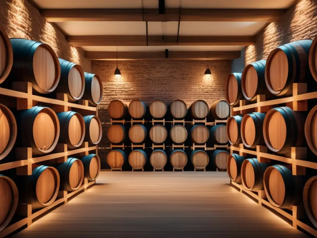 Bodega de vinos minimalista con barriles de madera, iluminada y con etiquetas de variedades de vino