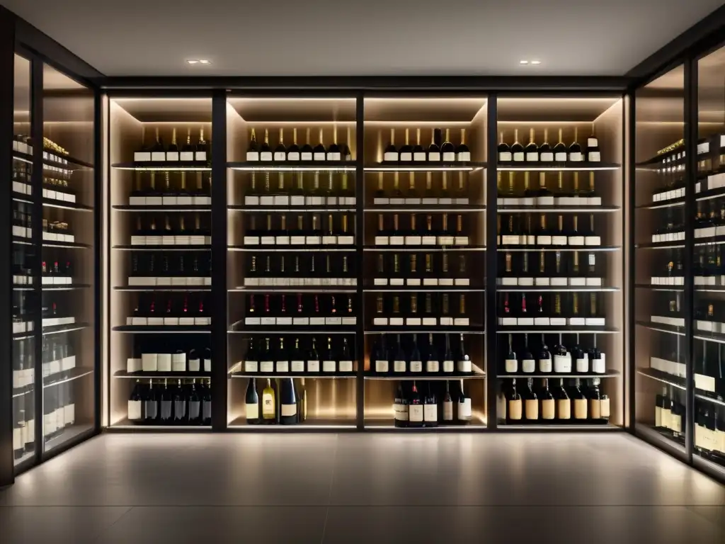 Bodegas contemporáneas innovadoras: Elegante bodega de vinos con paredes de vidrio y botellas meticulosamente ordenadas