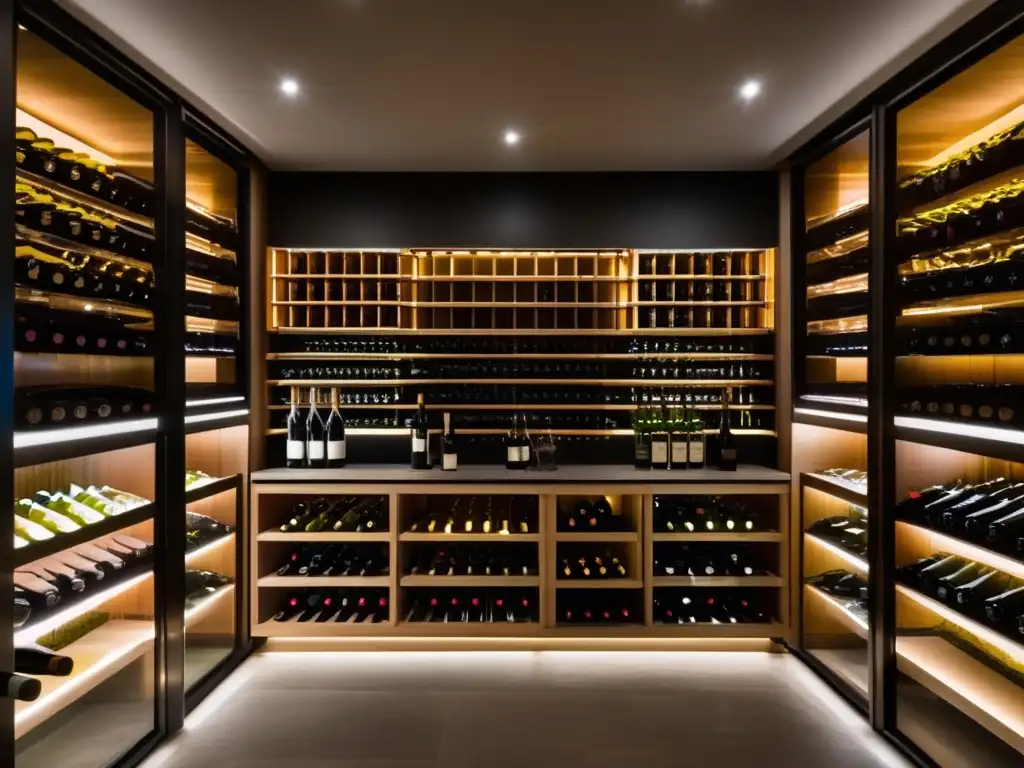 Bodegas contemporáneas innovadoras: Una imagen detallada de una elegante y moderna bodega de vinos, iluminada suavemente