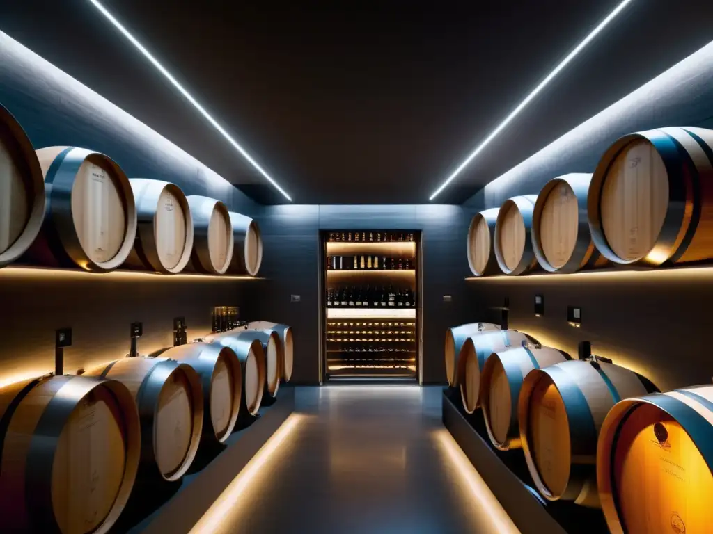 Bodegas contemporáneas innovadoras: una imagen impactante de una bodega de vinos minimalista y elegante, con iluminación suave y atmosférica