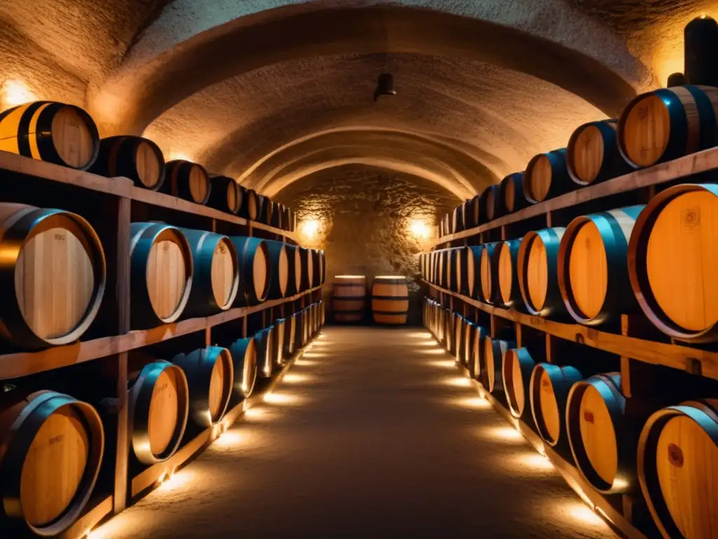 Bodegas como escenario de películas: Bodega subterránea minimalista con barriles antiguos y cálida iluminación