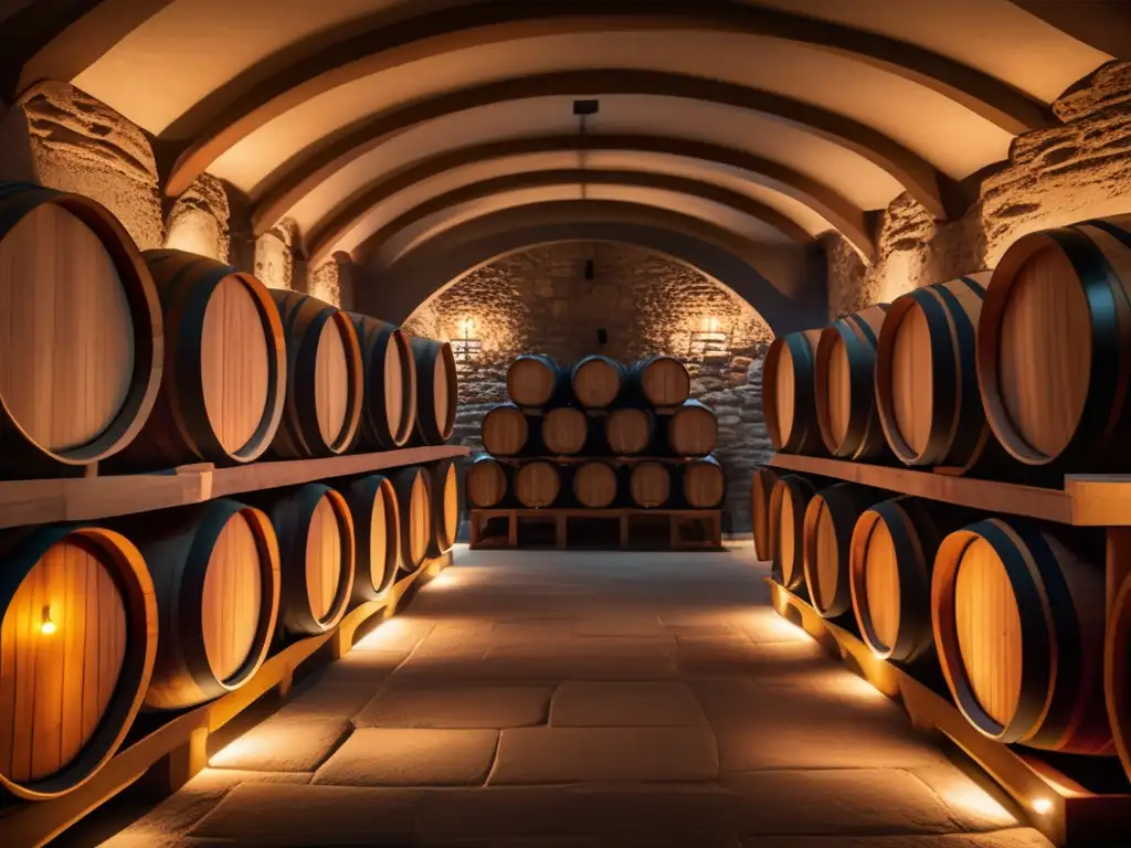 Bodegas históricas y contemporáneas, imagen 8k minimalista de bodega subterránea con barriles de vino meticulosamente ordenados