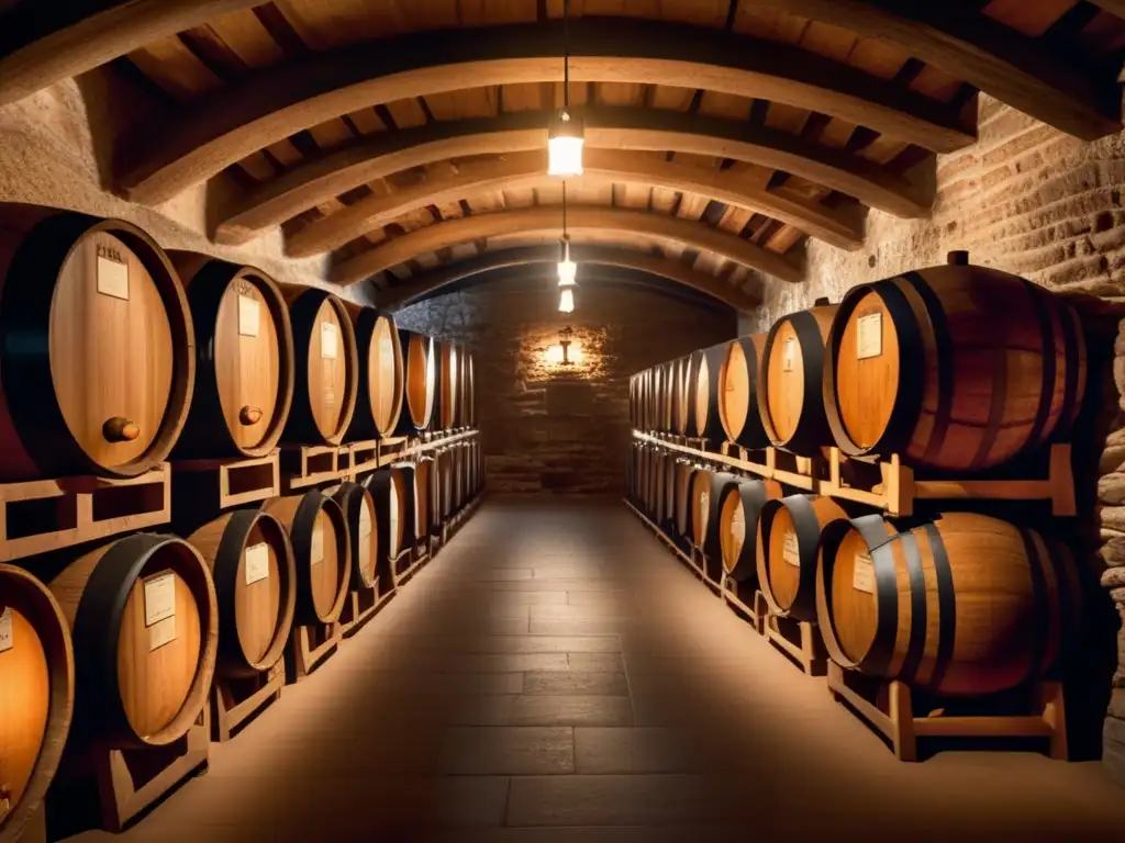 Bodegas históricas y contemporáneas: Interior de una bodega con pasillo iluminado por barriles de roble