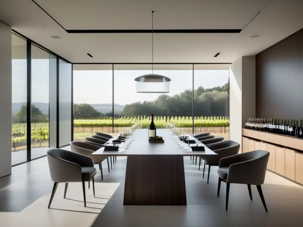 Bodegas históricas y contemporáneas: Sala de catas minimalista con muebles modernos, luz natural y vinos selectos