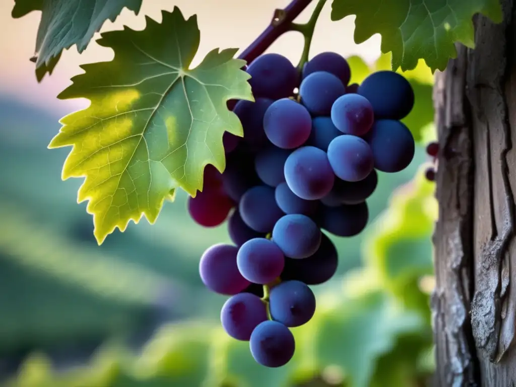 Bodegueros rescatando variedades ancestrales: Detalle exquisito de una vid antigua con uvas vibrantes en tonos morados, verdes y rojos