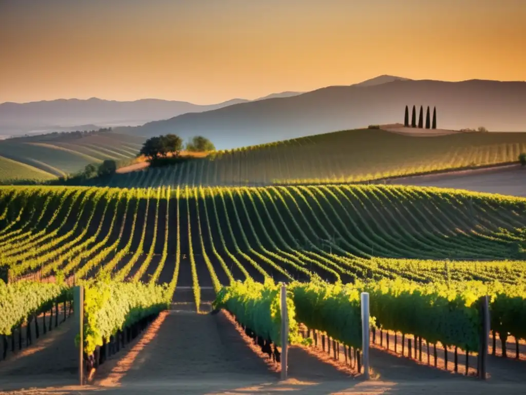 Bodegueros rescatando variedades ancestrales en una imagen de viñedo al atardecer, con uva madura y hojas verdes