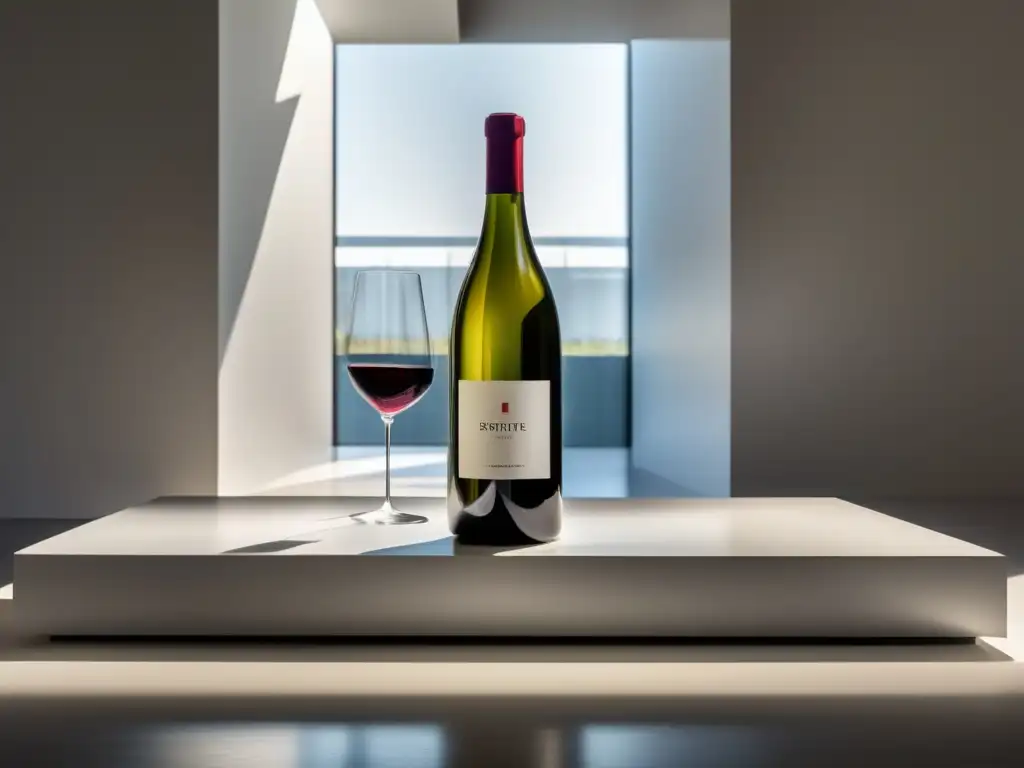 Elegir botella vino exposición pintura: Espacio blanco minimalista con luz natural, botella de vino elegante y etiqueta sencilla