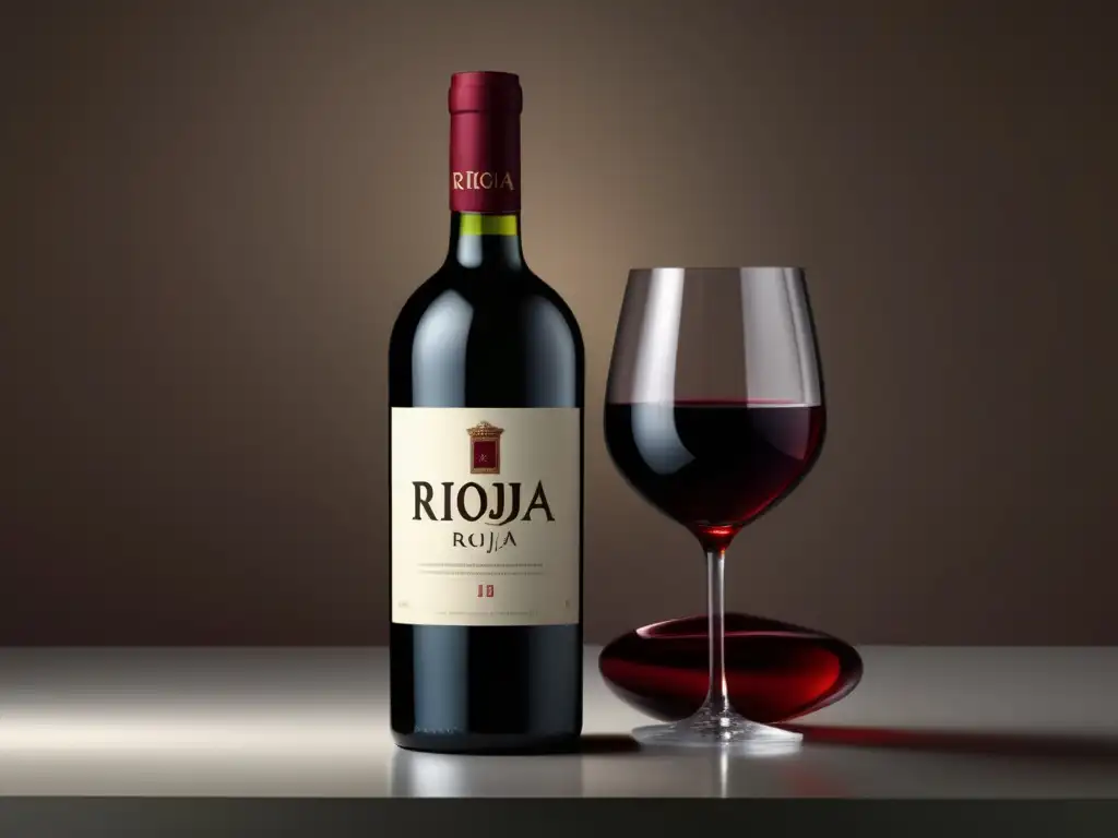 Botella de vino Rioja minimalista en superficie reflectante, resaltando su elegancia y diferencia en la industria vinícola española