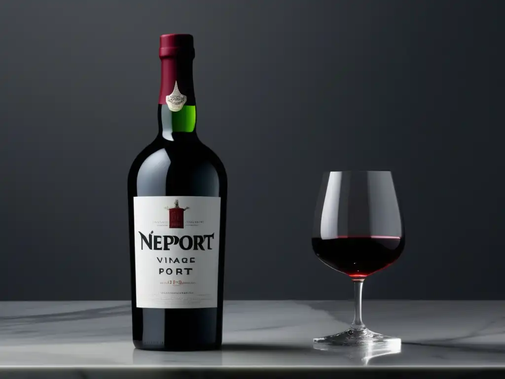 Revolución vinos Oporto Niepoort - Botella de Niepoort Vintage Port en encimera de mármol blanco, con vino rojo intenso y logotipo elegante