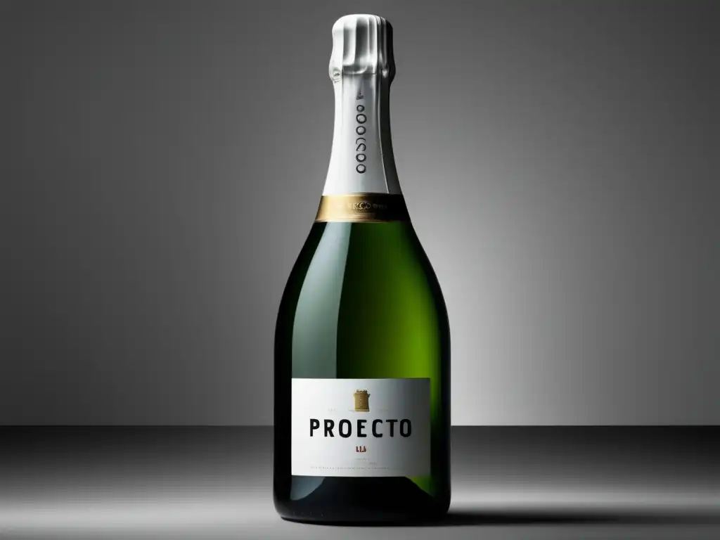 Botella de Prosecco elegante y sofisticada, reflejando luz suave en un fondo blanco minimalista