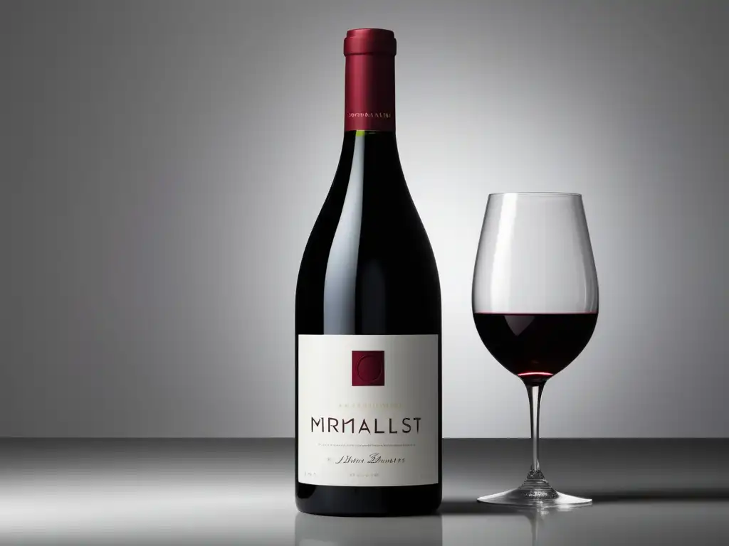 Botella de vino elegante con diseño minimalista y rico color rojo, evocando lujo y exclusividad