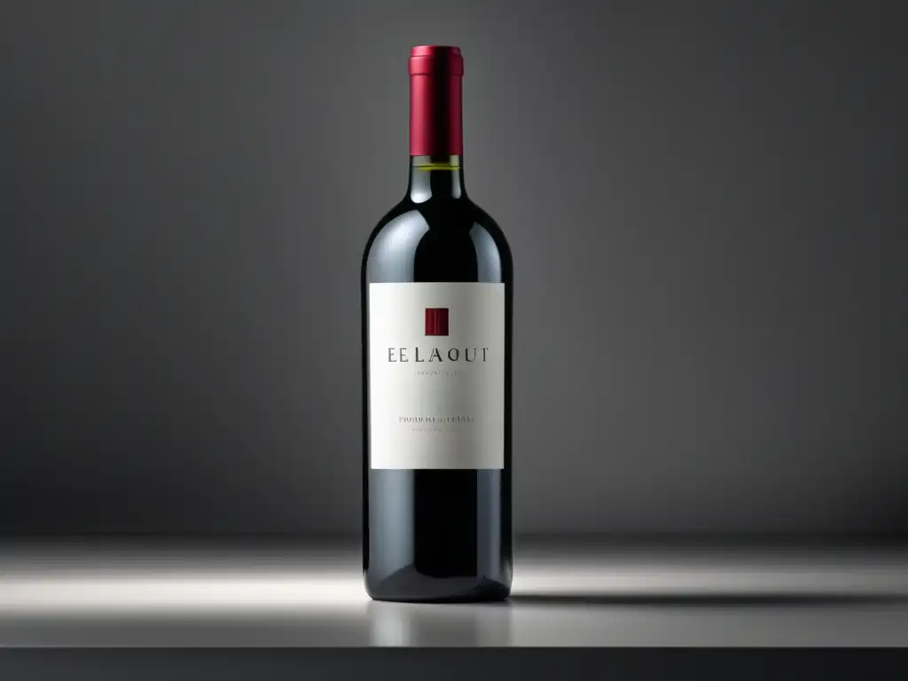 Botella de vino elegante y minimalista, refleja la luz y muestra el vino tinto