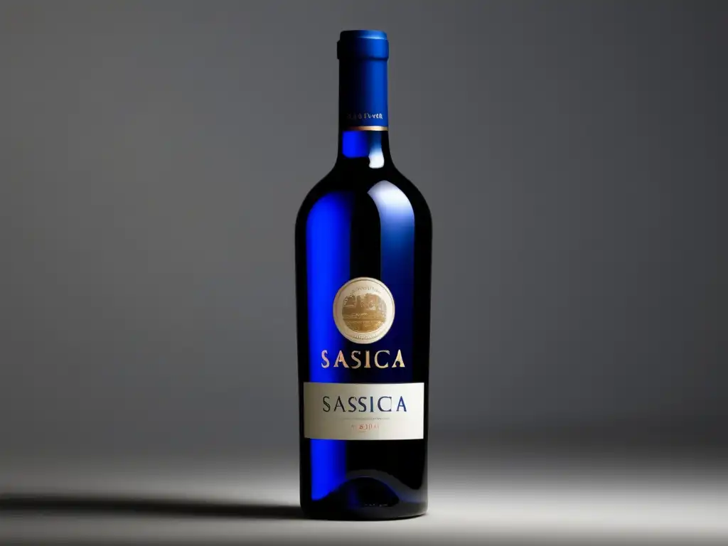 Botella de vino Sassicaia, elegante y sofisticada, reflejando calidad premium (Guía completa sobre Sassicaia y Marchese Mario Incisa)