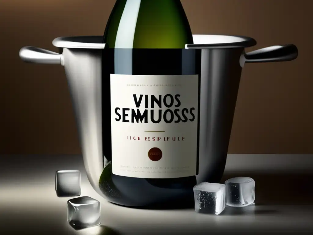 Botella de vino espumoso con diseño elegante y etiqueta limpia, sumergida en cubo de hielo