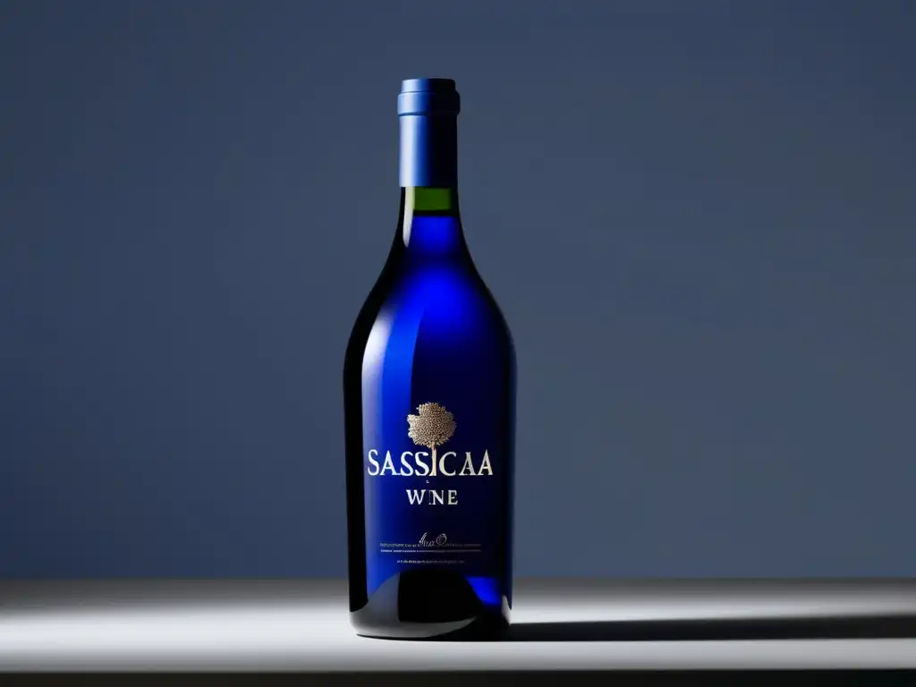 Botella de vino Sassicaia en fondo blanco, elegante y sofisticada