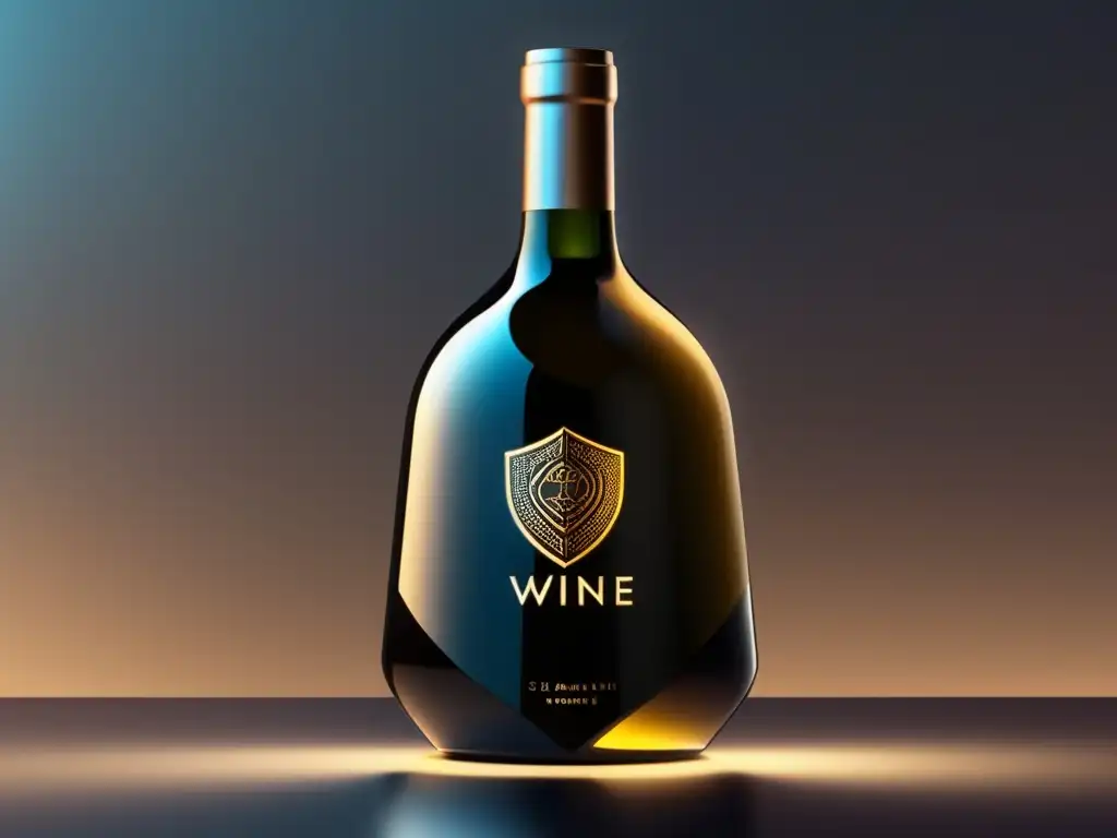 Botella de vino futurista protegida por escudo digital - Ciberseguridad para ecommerce de vino