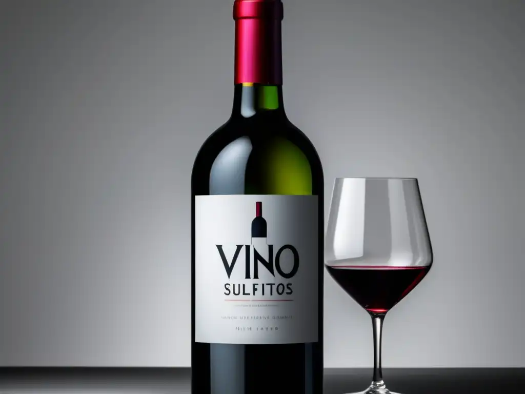 Botella de vino minimalista con diseño moderno, vino rojo vibrante y etiqueta elegante: Sulfitos vino: controversia y necesidad