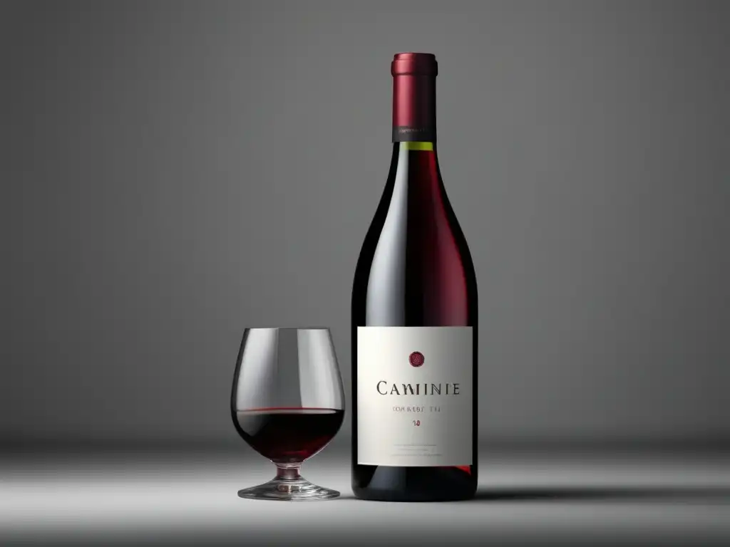 Botella de vino minimalista con diseño elegante y transparente, resaltando el color rojo intenso del vino y la etiqueta simple y de calidad