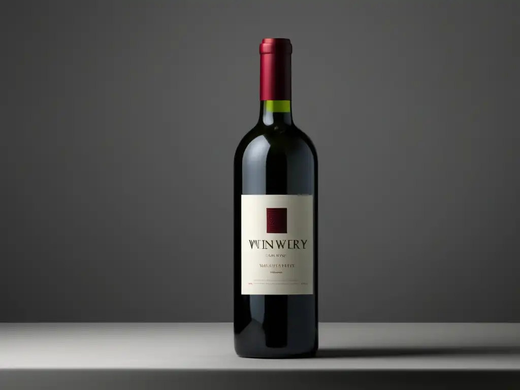 Una botella de vino minimalista con diseño elegante, color rojo intenso y etiqueta sofisticada