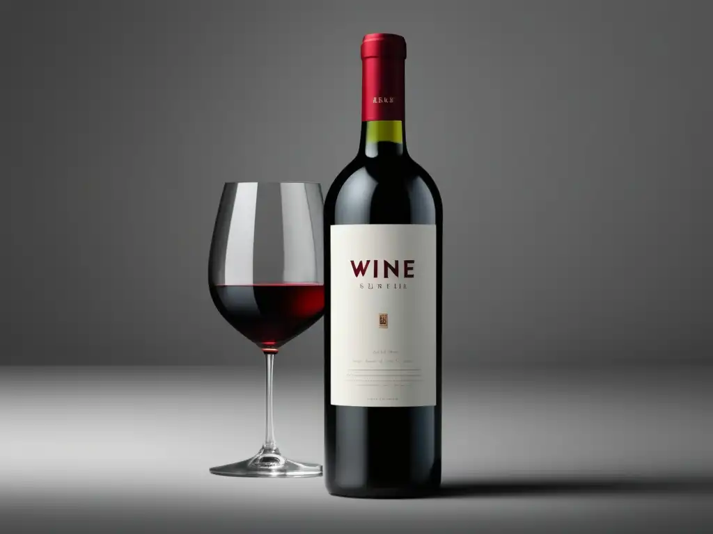 Botella de vino minimalista con etiqueta moderna, color rojo intenso y calidad premium