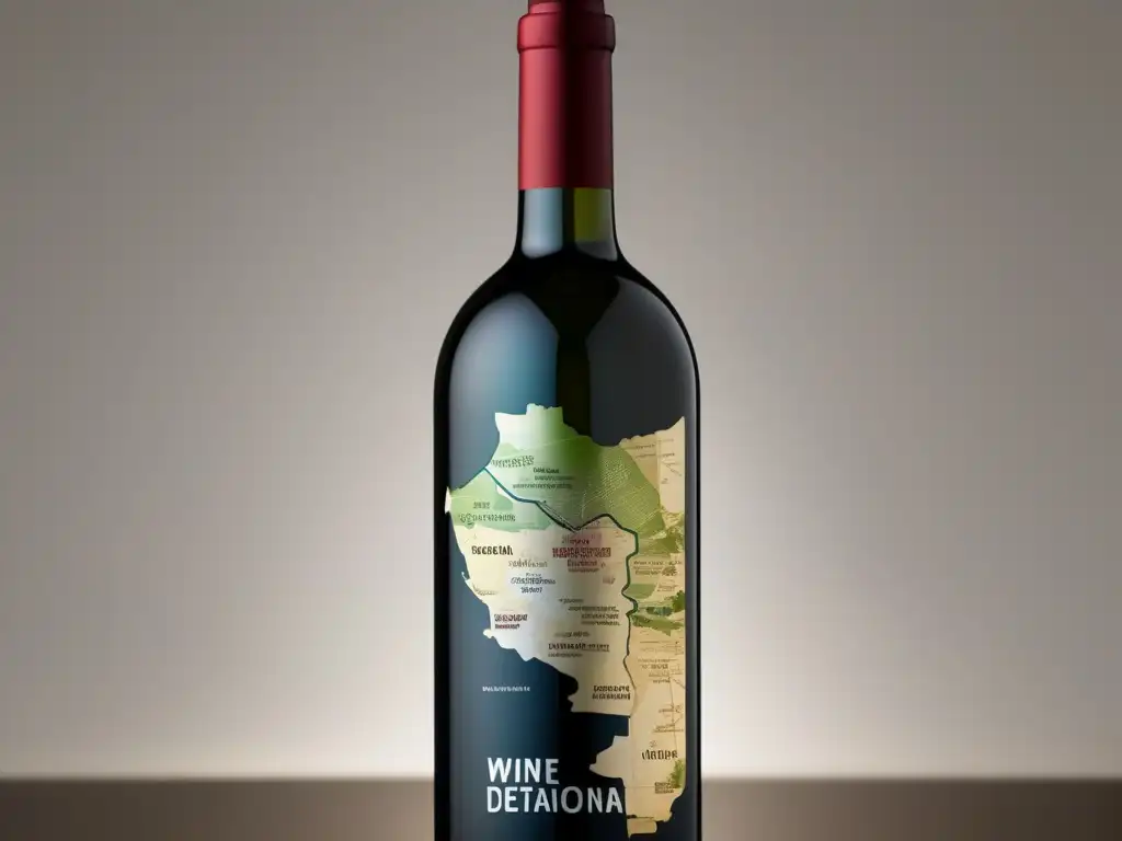 Botella de vino minimalista con mapa de regiones emergentes grabado en su superficie