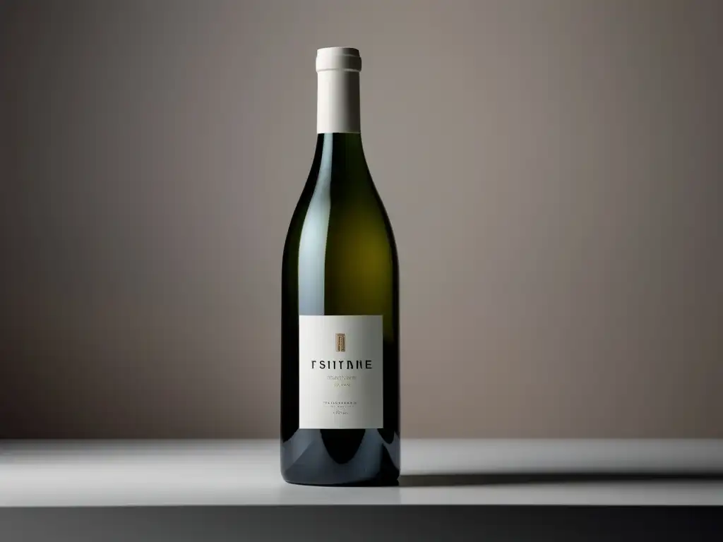 Botella de vino minimalista sobre superficie blanca, con diseño elegante y etiqueta simple