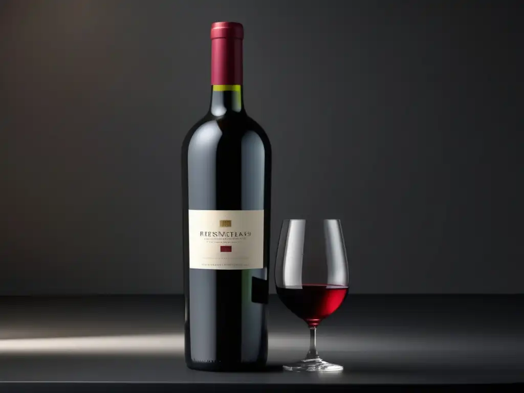 Botella de vino minimalista en superficie negra, con iluminación suave y etiqueta elegante