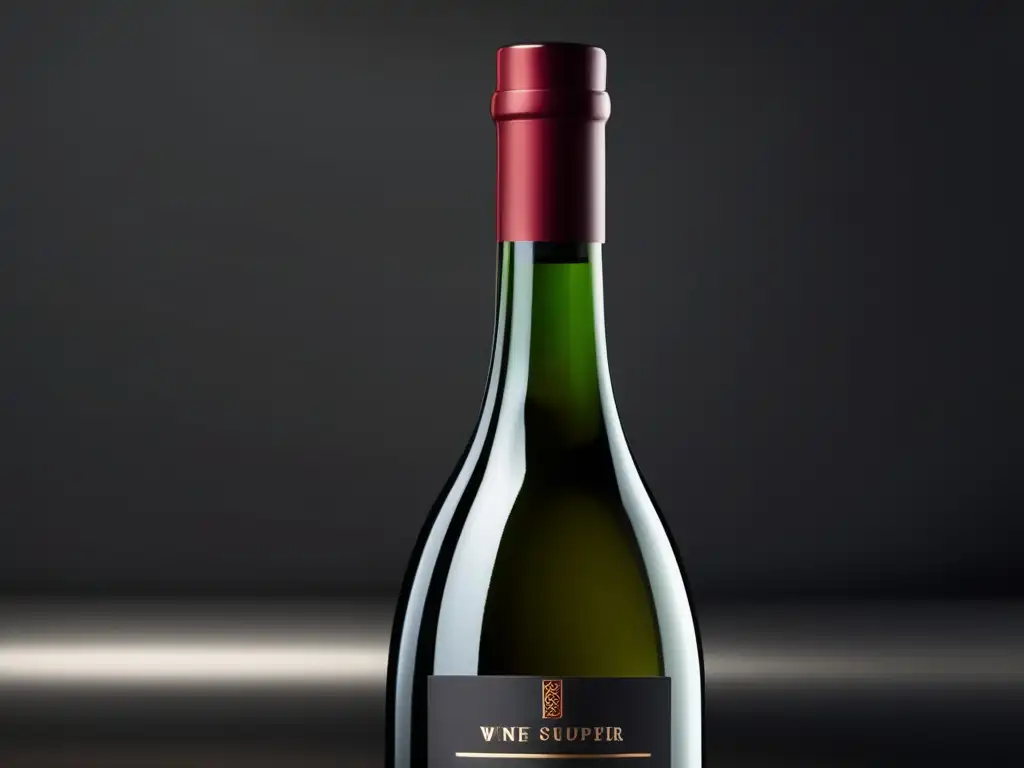 Botella de vino minimalista con tapón de vidrio, enfocada en el cuello y diseño elegante