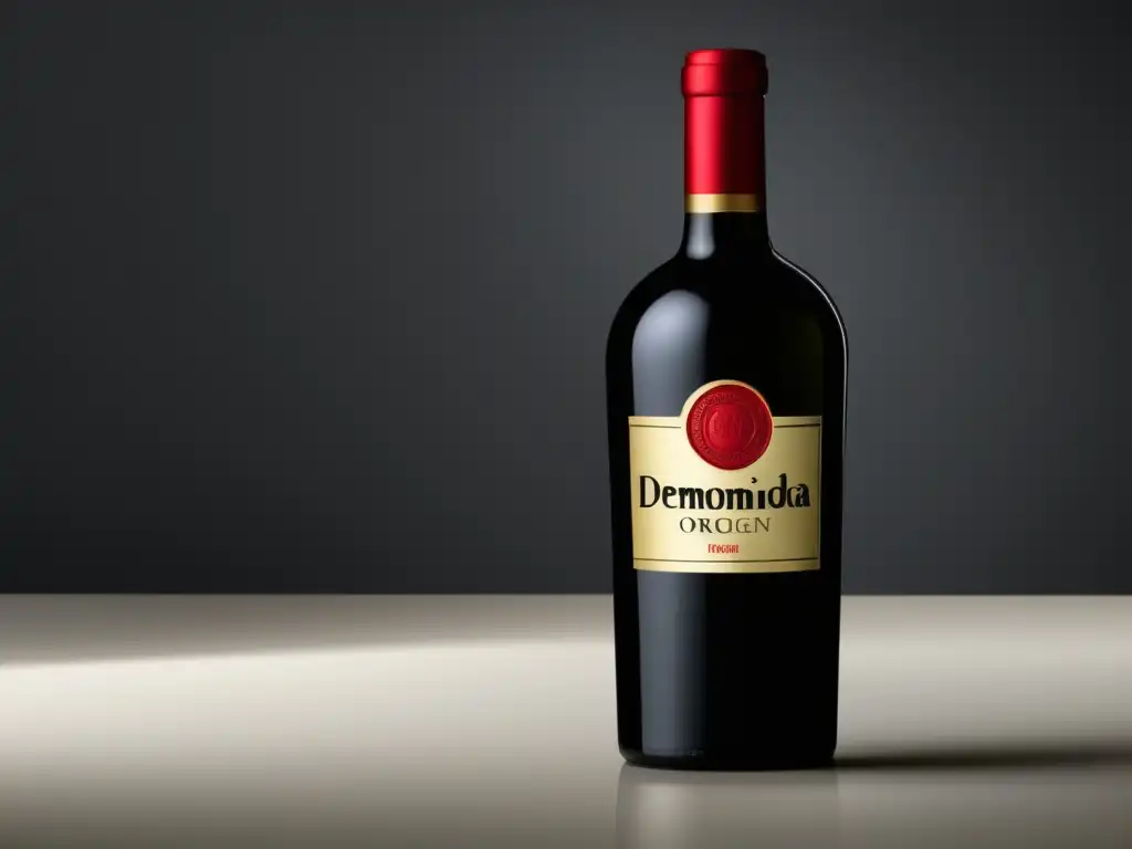 Botella de vino negra con etiqueta dorada, sello rojo y la leyenda 