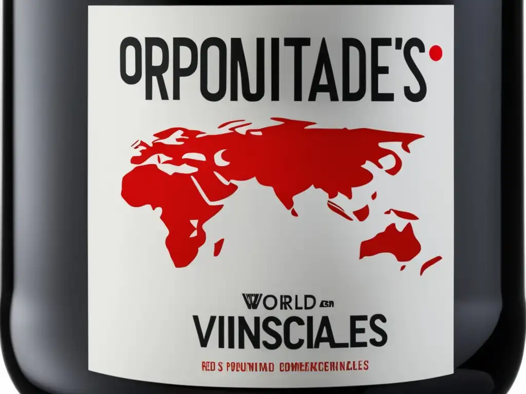 Botella de vino negra con mapa mundial y sanciones internacionales resaltadas