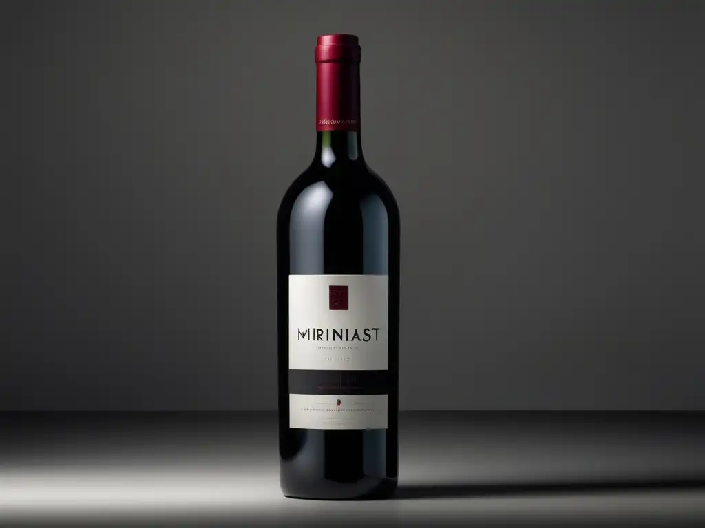 Botella de vino negro elegante con vino rojo intenso y etiqueta minimalista