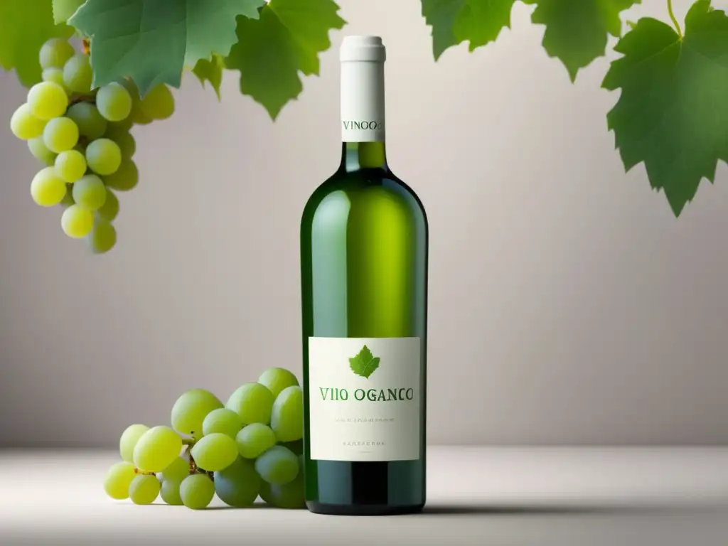 Botella de vino orgánico rodeada de vides verdes, en imagen 8k