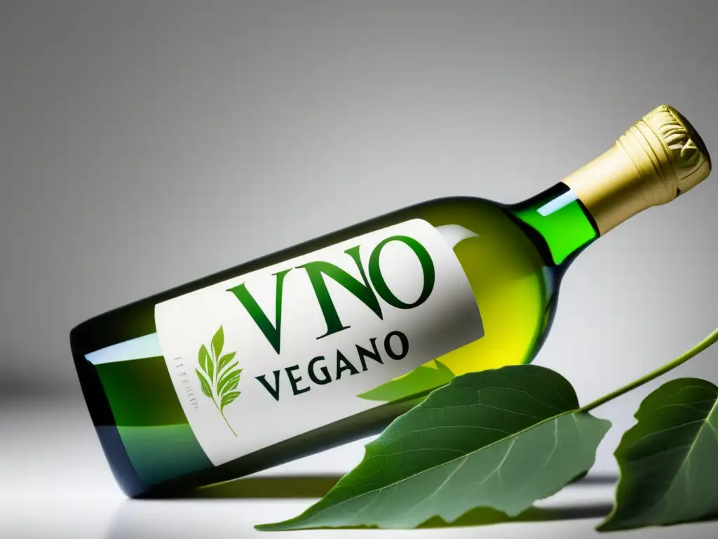 Cadena suministro vino vegano: botella elegante, minimalista, con hoja verde envuelta, fondo blanco puro