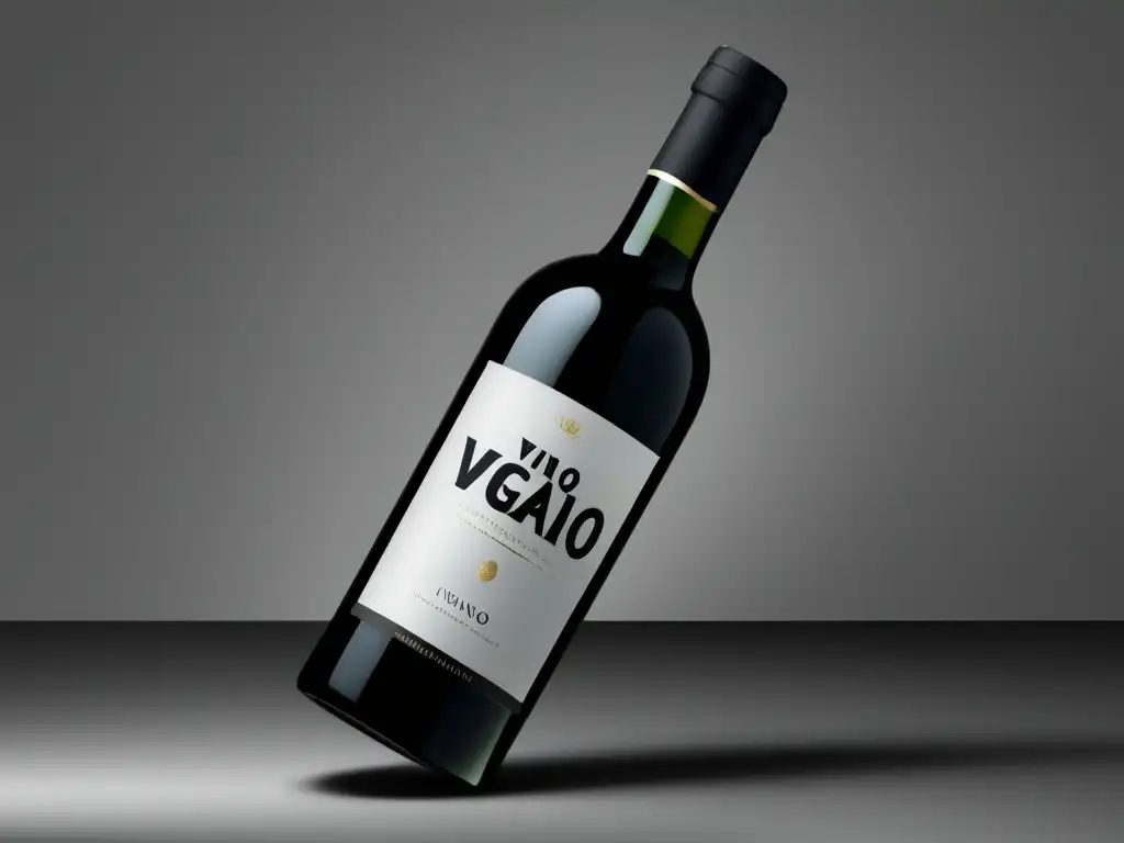 Cadena suministro vino vegano: botella negra minimalista, etiqueta elegante con 