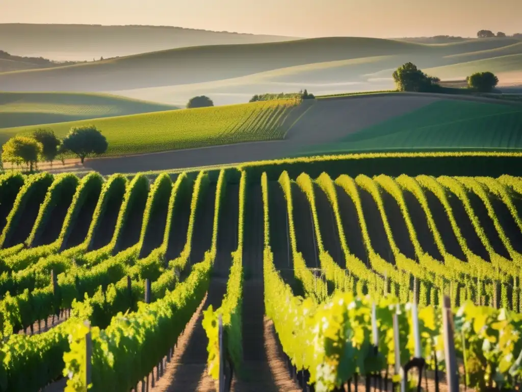 Cambio climático en regiones vinícolas europeas: Viñedo minimalista en Burdeos, Francia, con colinas y viñedos bañados por el sol