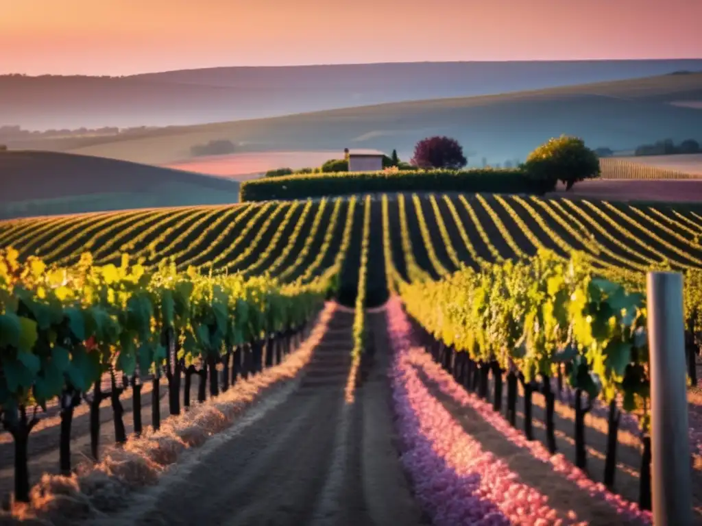 Cambio climático en regiones vinícolas: Viñedo minimalista al atardecer, con filas de uvas madurando bajo un cielo cálido y sereno