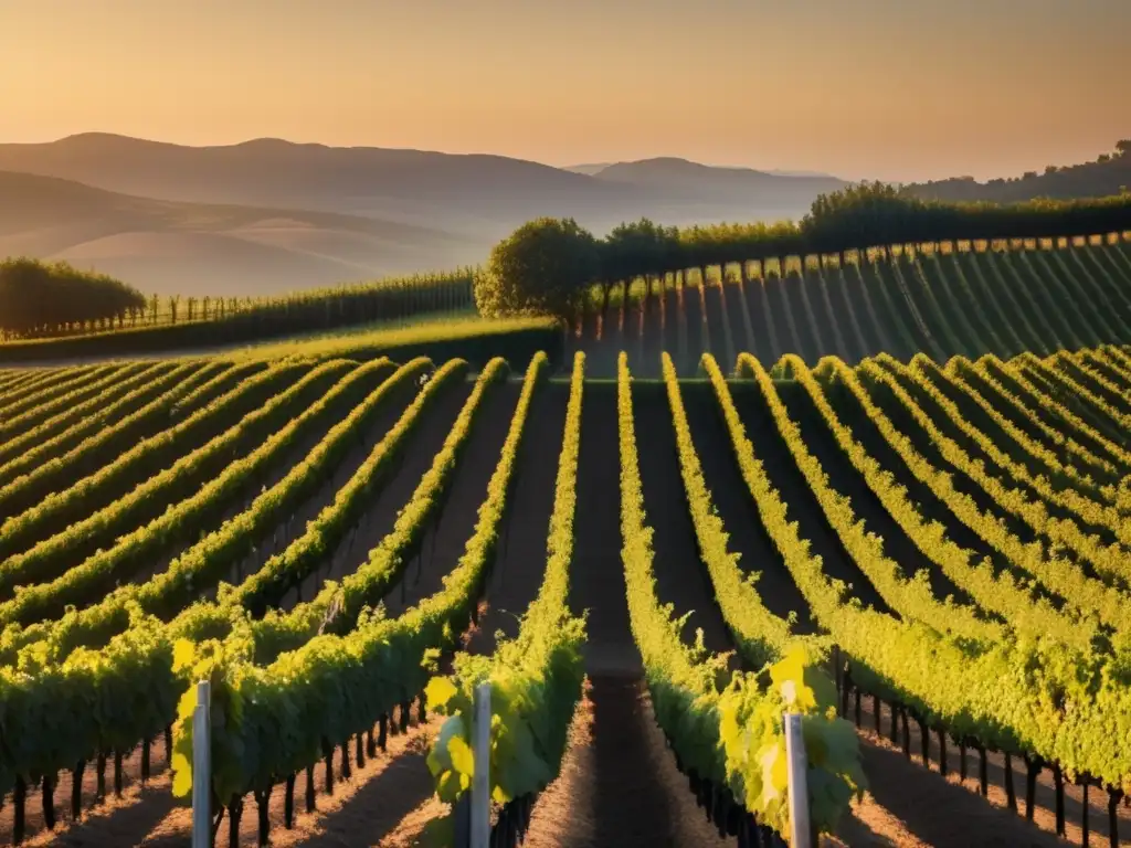 Cambio climático en regiones vinícolas: viñedo al atardecer con filas de vides, luz dorada y armonía natural