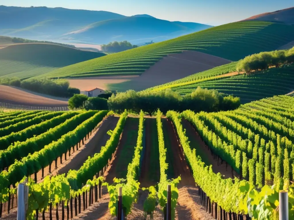 Cambio climático y territorios vinícolas en paisaje de viñedos soleados rodeados de colinas