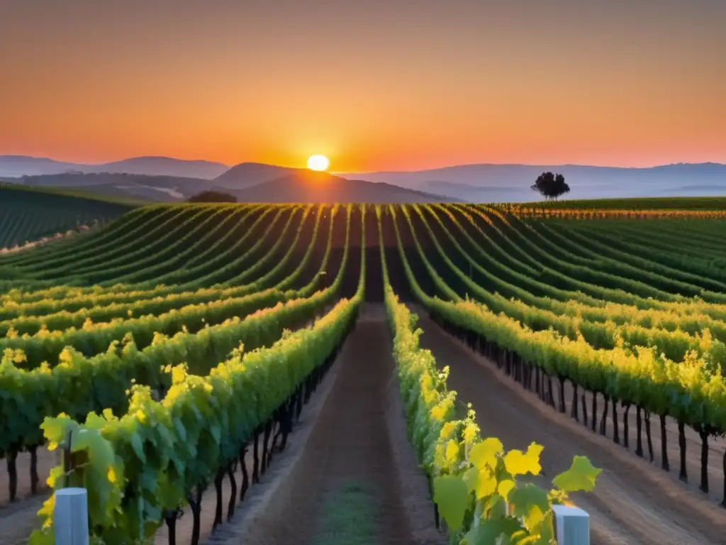 Cambio climático en viticultura mundial: viñedo al atardecer con filas de uvas y cielo anaranjado