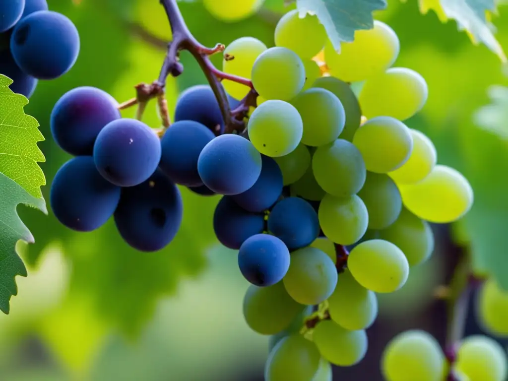 Cambio climático en viticultura: uvas en diferentes etapas de madurez y colores, detalle y minimalismo