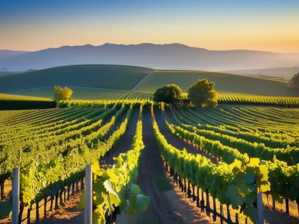 Cambios en la composición del vino por clima: viñedo dorado al atardecer