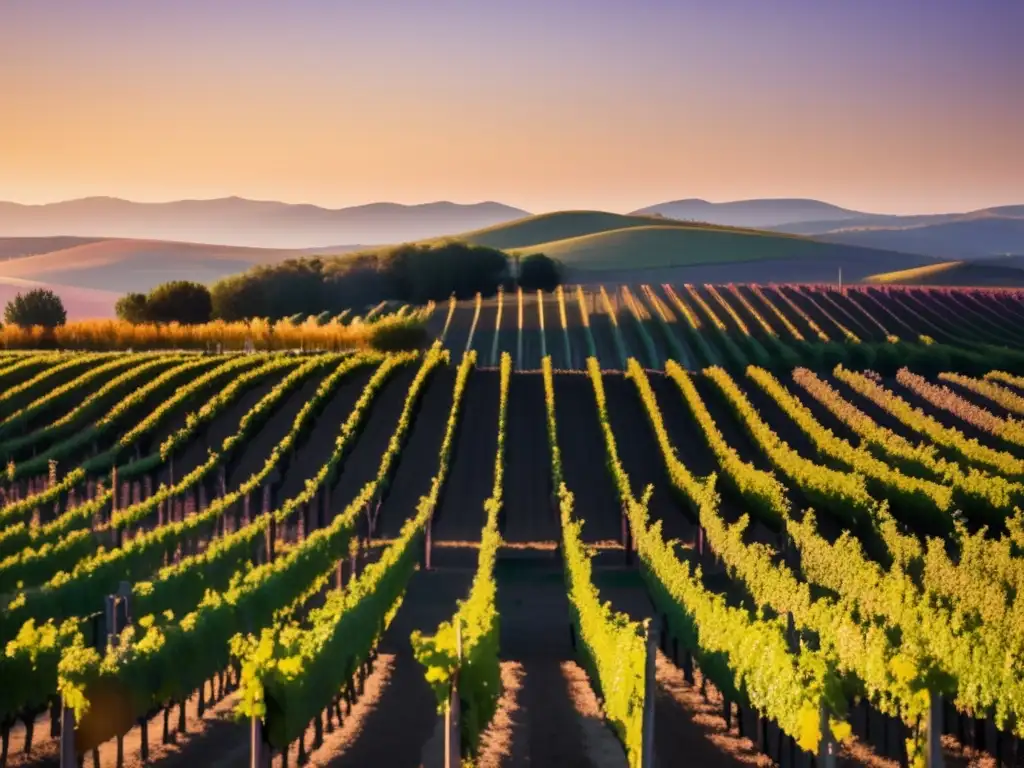 Cambios preferencias consumo vino: Viñedo minimalista al atardecer, filas de vides doradas y sombras largas en un ambiente sereno