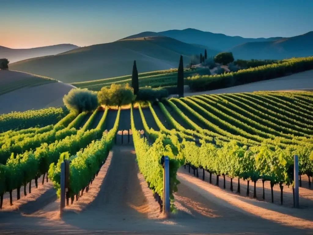 Cambios en rituales cosecha por temperaturas extremas - Viñedo sereno al atardecer, con filas de viñas verdes y cielo cálido