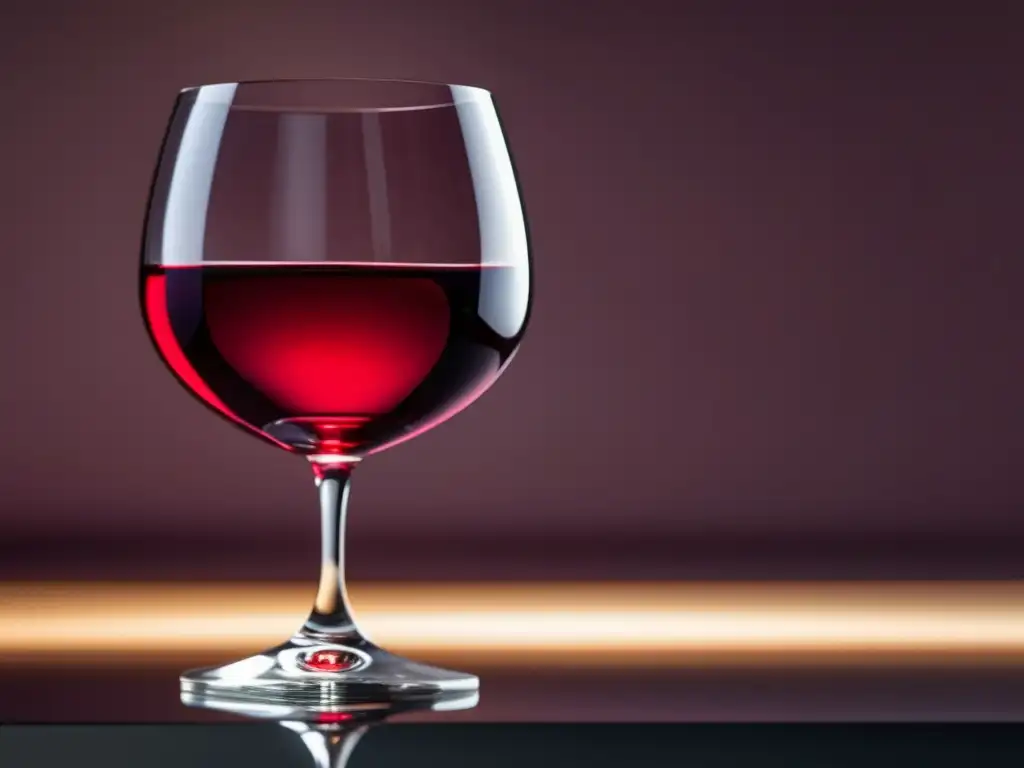 Vino tinto en copa elegante Guía para interpretar la carta de vinos en un restaurante Michelin: copa de vino tinto elegante y transparente, reflejada en una superficie brillante, con rico color rojo intenso
