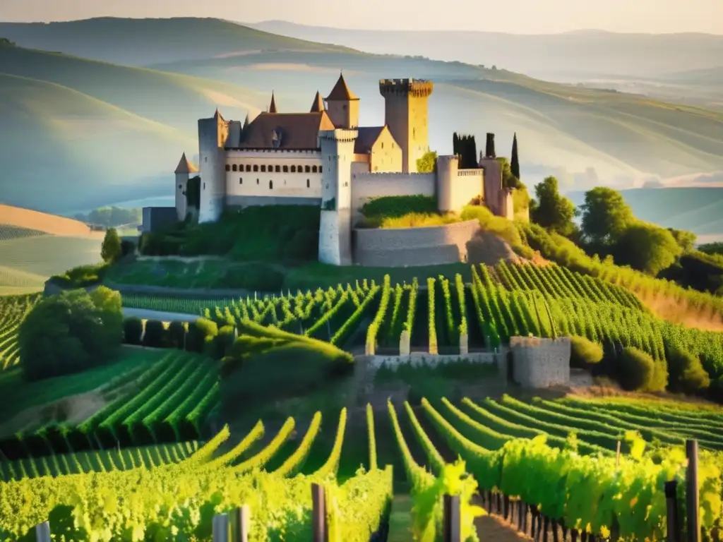 Castillo medieval en un viñedo, majestuoso y minimalista