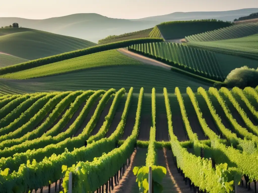 Guía de cata en viñedos antiguos: paisaje minimalista de viñedo en 8k con filas de vides alineadas, rodeadas de colinas verdes