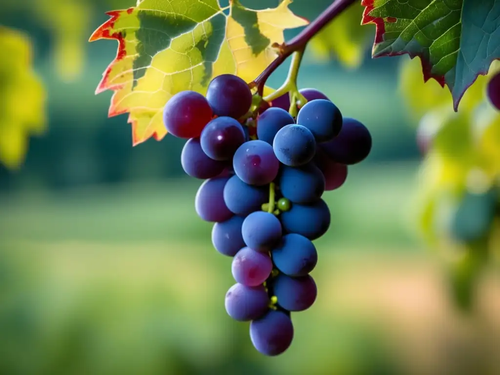 Guía de cata en viñedos antiguos: racimo de uvas rojas perfectas con detalles delicados