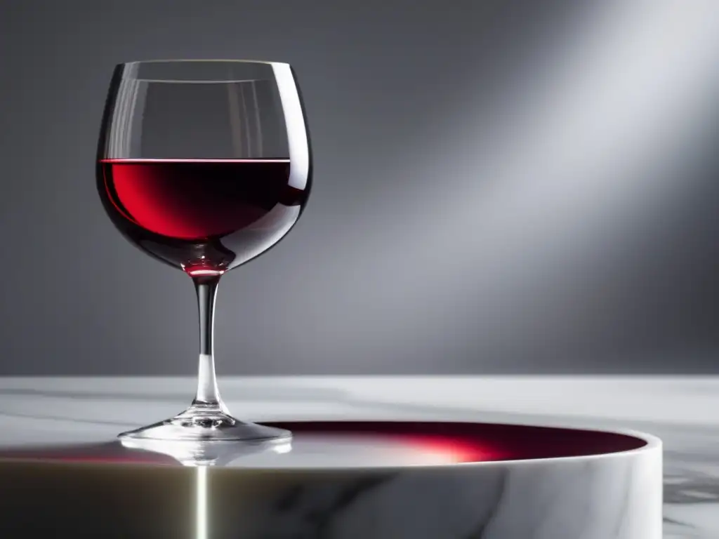 Cata de vino en el cine: copa elegante y minimalista con vino tinto en mármol blanco